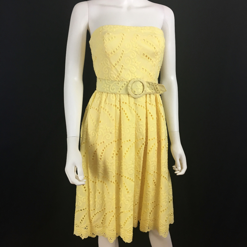 sz 2 XS Yellow Floral Lace Crochet Strapless Dress